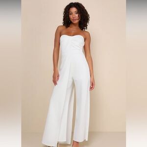 Lulus Angelic Elegance White Pleated Strapless Overlay Jumpsuit size XS